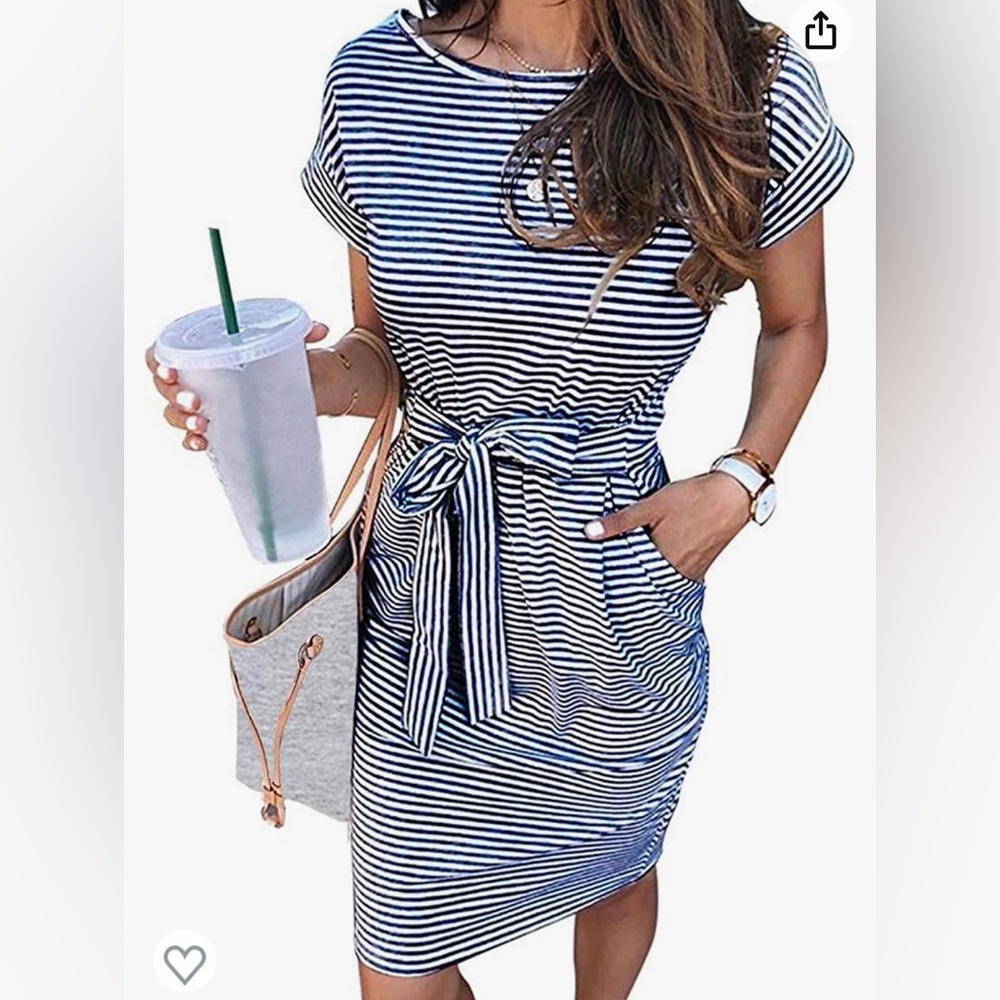Women's Striped Short Sleeve T Shirt Dress Casual Tie Waist with Pockets